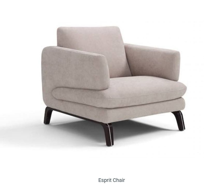 Beige upholstered armchair with curved arms, on dark wooden legs.