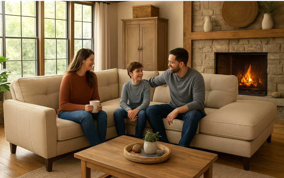 White leather sectional sofa with chaise, dark wood legs, in a room with artwork.