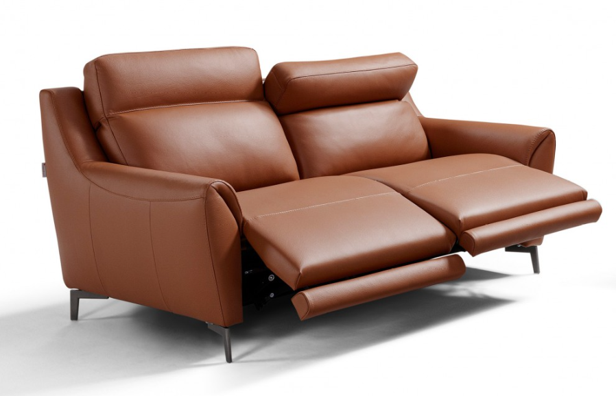 Brown leather loveseat with two seats, sleek design, and metal legs.
