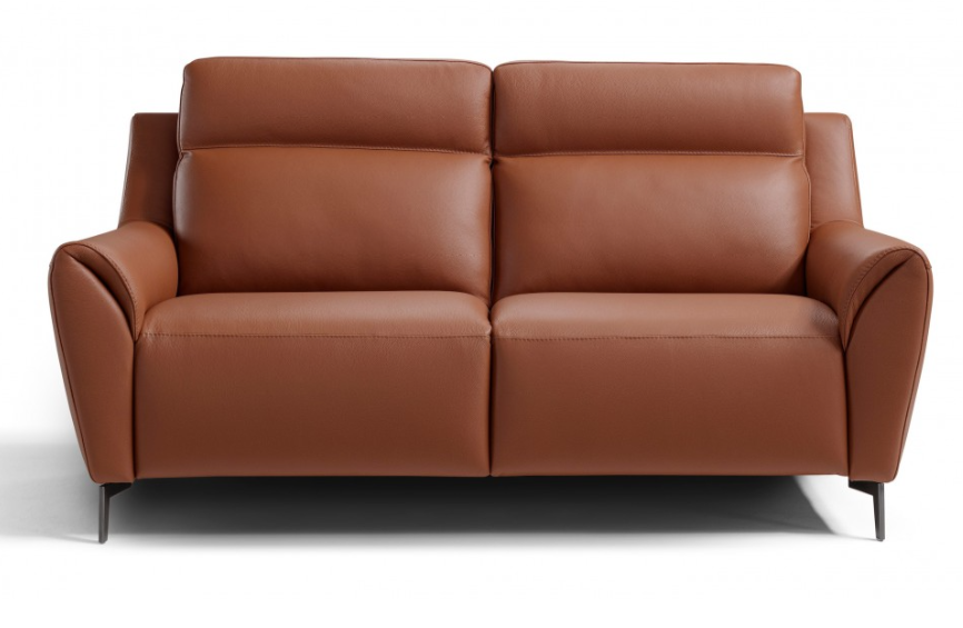 Brown leather loveseat with two seats, sleek design, and metal legs.