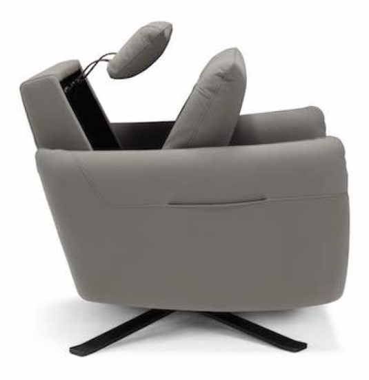Gray leather recliner chair with black base.