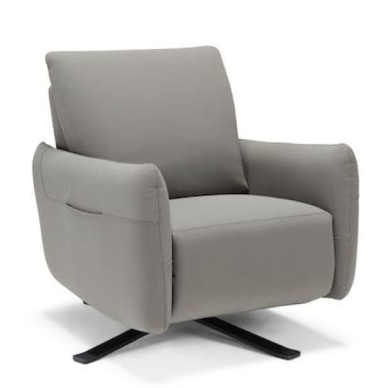 Gray leather recliner chair with black base.