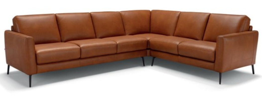 Brown leather sectional sofa with black legs.