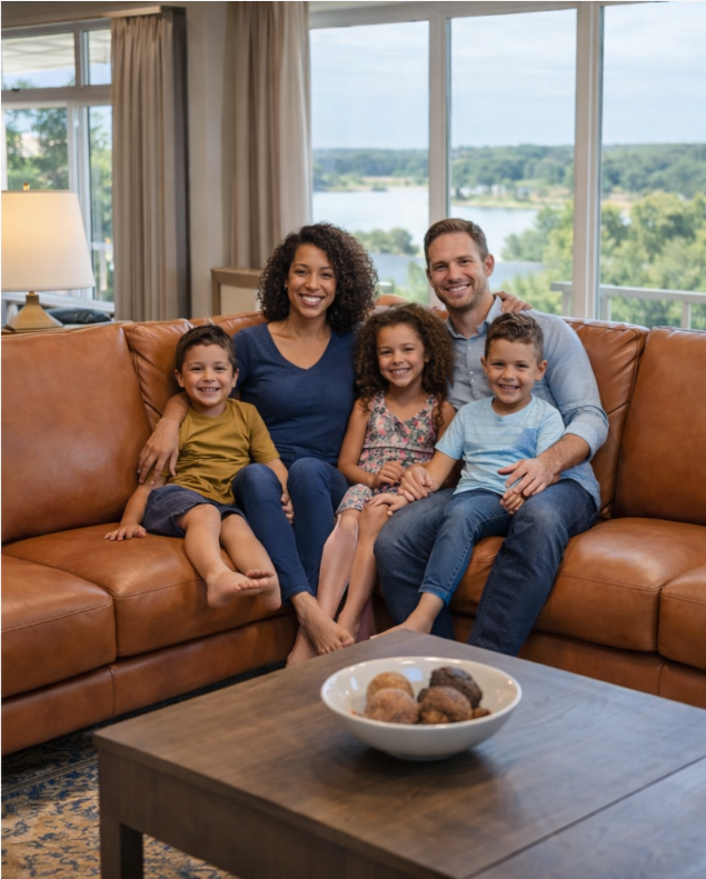 Brown leather sectional sofa with black legs.