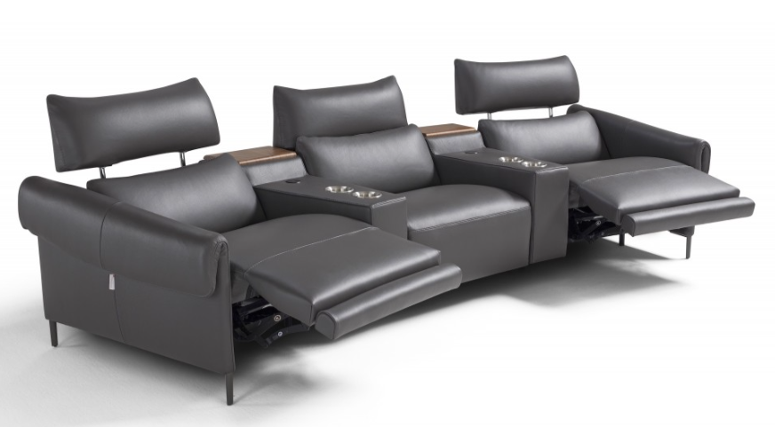 Gray leather theater seating with recliners and cup holders.