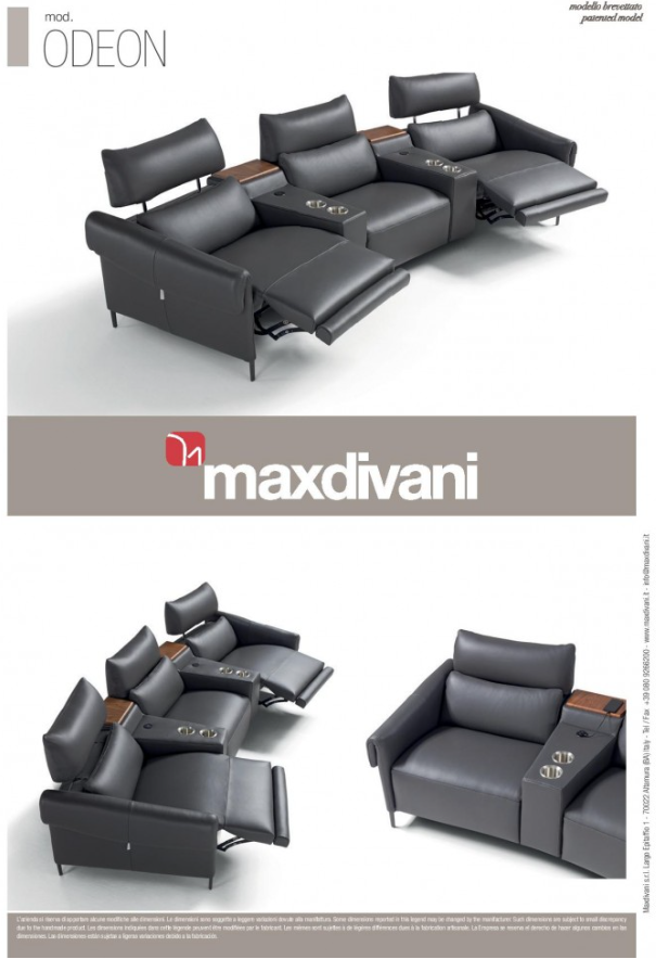 Gray leather theater seating with recliners and cup holders.