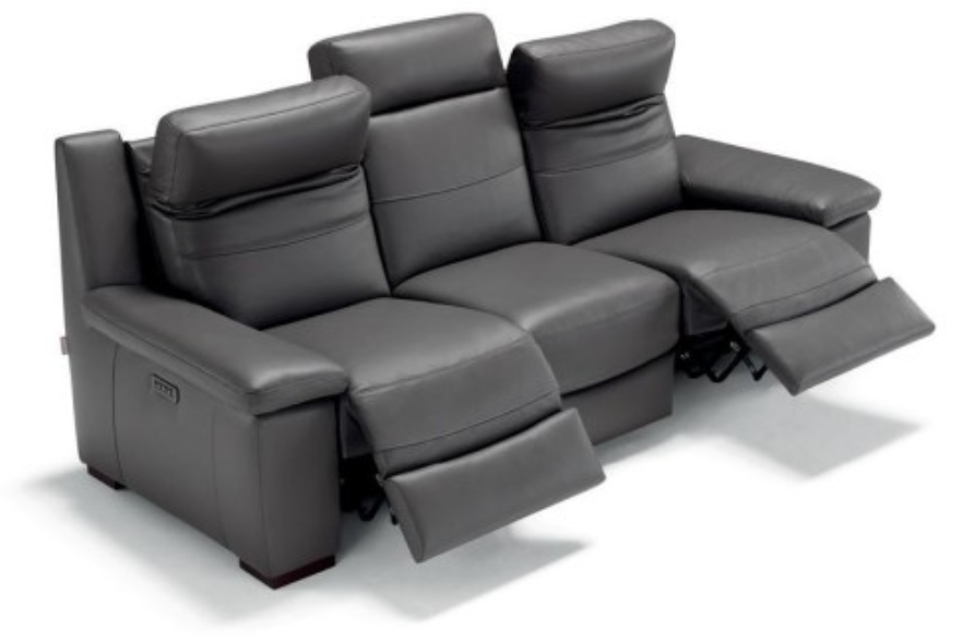 Gray leather reclining sofa with three seats, footrests extended, studio setting.
