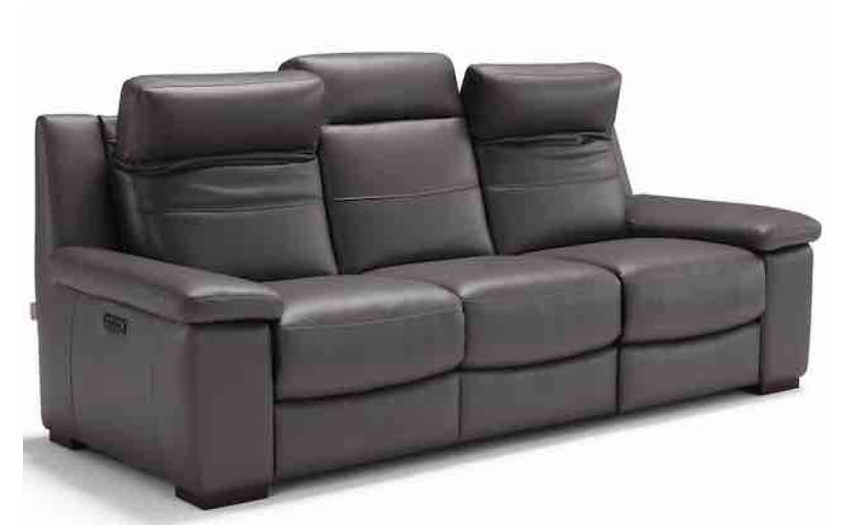 Gray leather reclining sofa with three seats, footrests extended, studio setting.