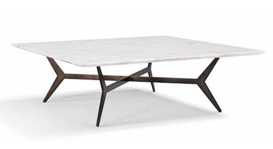Square marble-top coffee table with a dark, crossed-leg base on a white background.