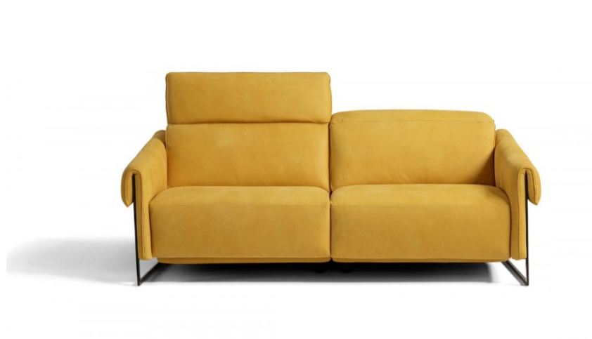 Yellow modern sofa with adjustable headrest, metal legs, against a white background.
