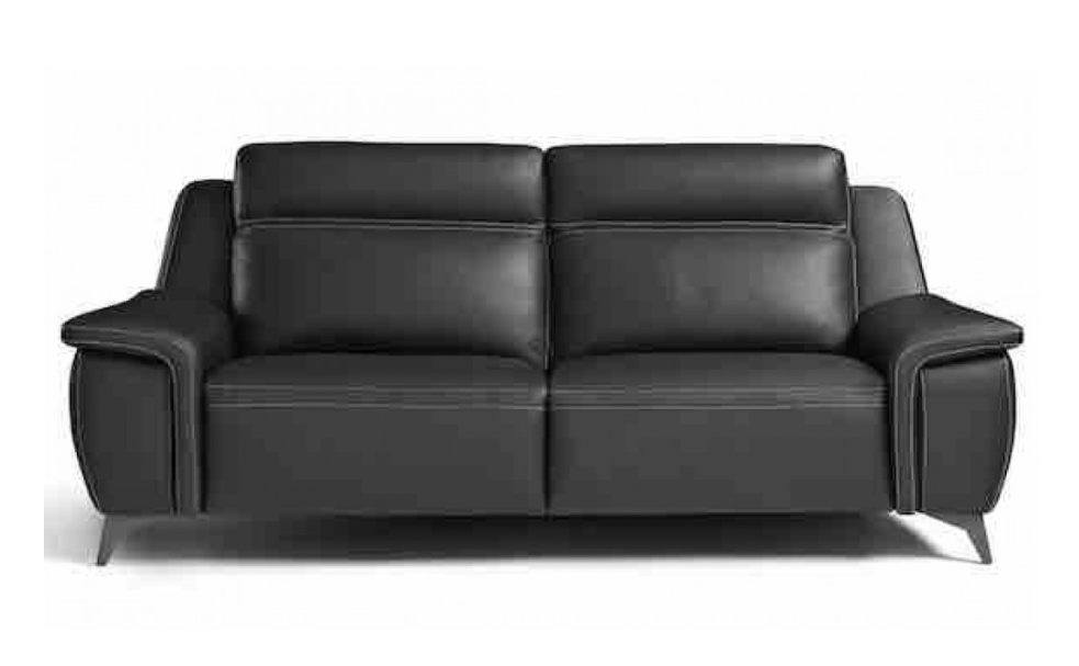 Black leather loveseat with two cushions and modern metal legs.