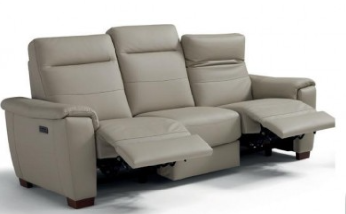 Beige leather reclining sofa with three seats; two footrests extended.