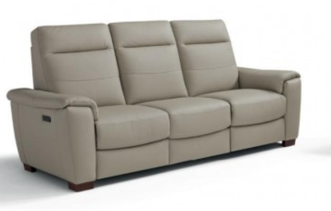 Beige leather reclining sofa with three seats; two footrests extended.