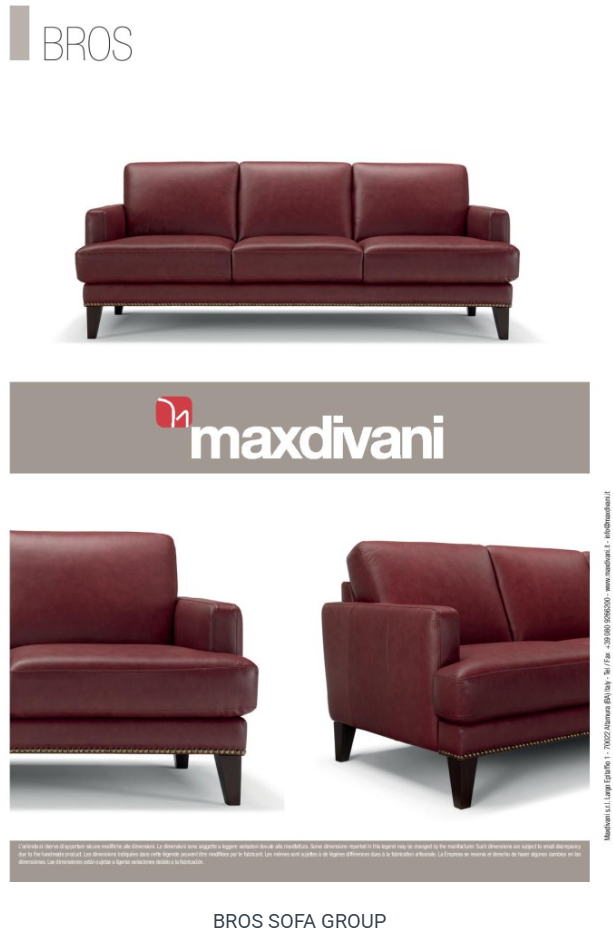 A three-seat leather sofa in a deep red color, with square cushions and dark wooden legs.