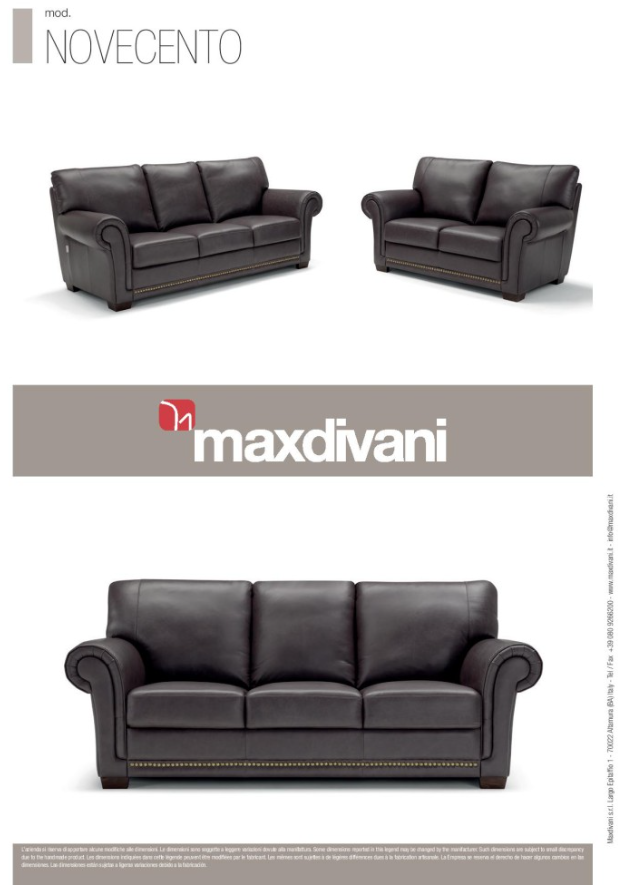 Dark brown leather sofa with three cushions, rolled arms, and nailhead trim.