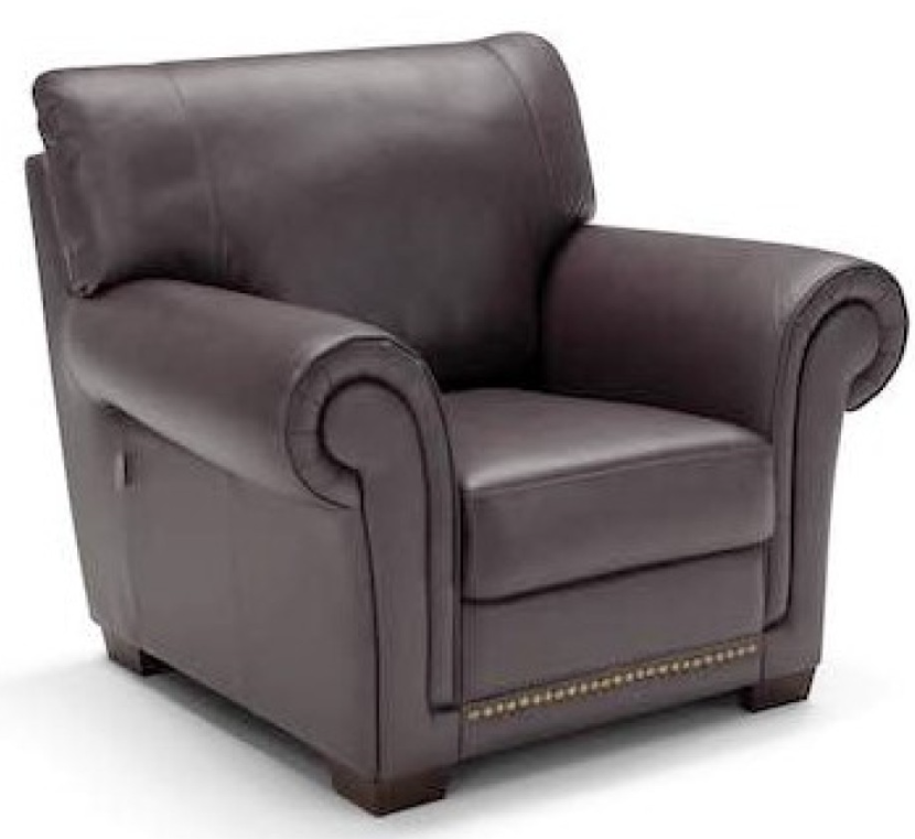 Brown leather armchair with rolled arms and studded base.