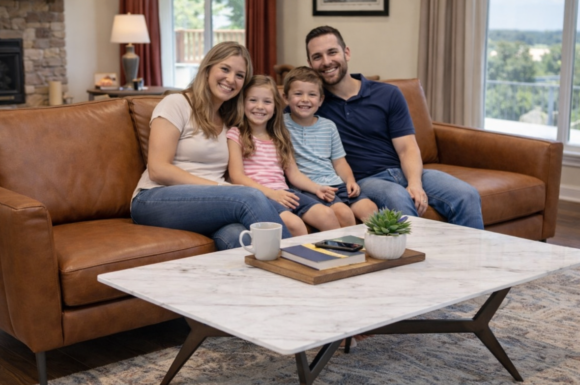 Square marble-top coffee table with a dark, crossed-leg base on a white background.