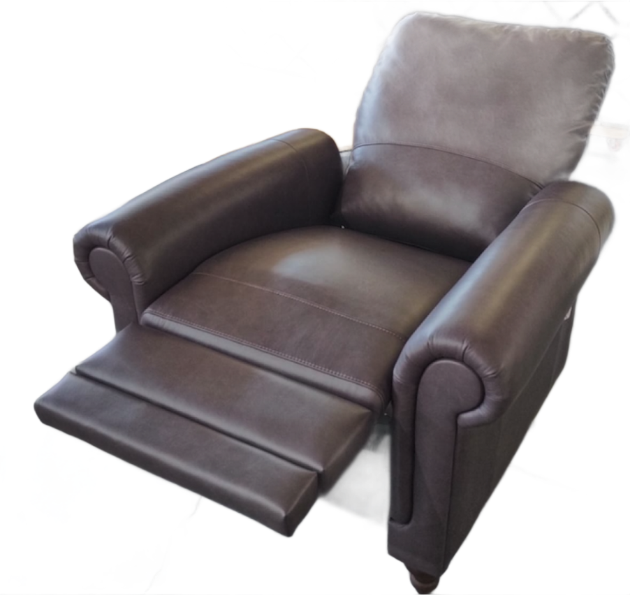 Brown leather three-seater sofa with rolled arms, wooden legs, and three back cushions.