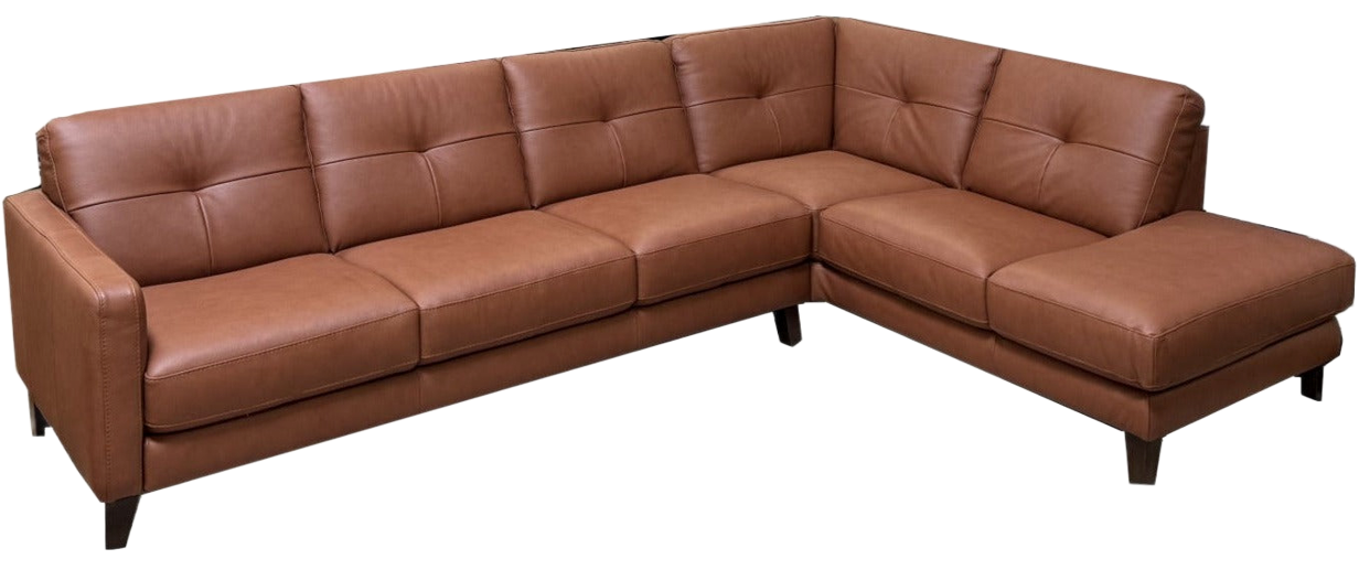 A brown leather L-shaped sectional sofa with tufted cushions on a white background.