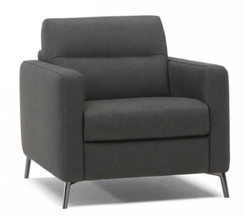 Blue two-seater sofa with wooden legs, in a studio setting.