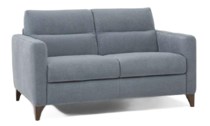 Gray leather sofa with three seat cushions and a low back.