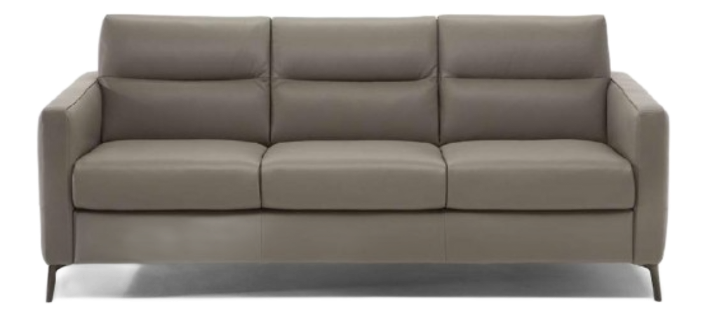 Gray leather sofa with three seat cushions and a low back.
