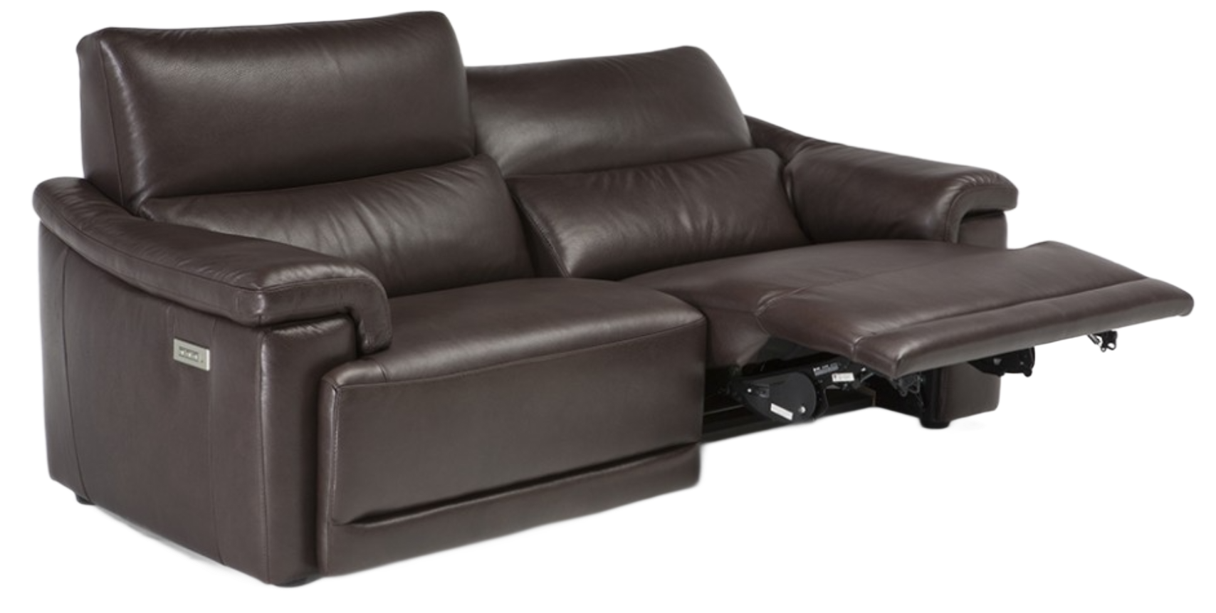 Brown leather recliner chair, footrest extended.