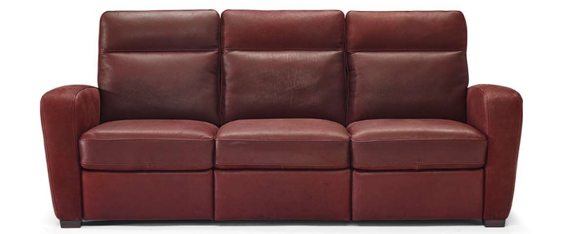 Burgundy leather sofa with three sections and padded backrests.