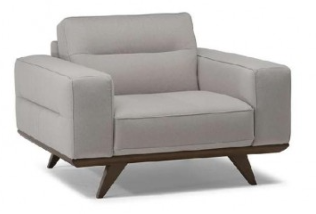 Light gray upholstered armchair with wood base.