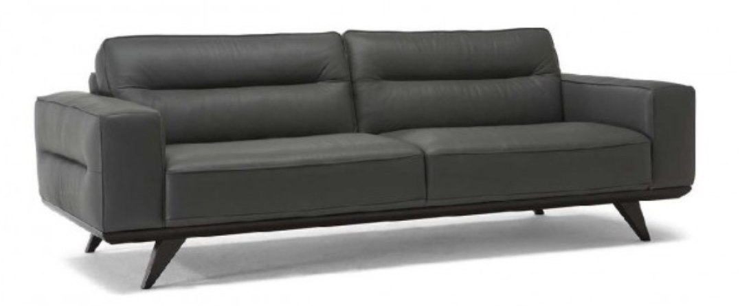 Dark gray modern sofa with angled black legs.