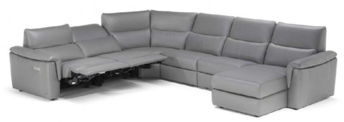 Gray leather sectional sofa with a chaise lounge.