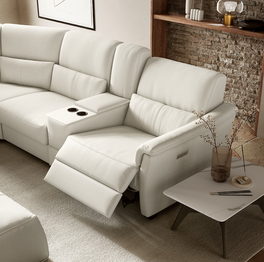 Blue leather sectional sofa with a corner piece.