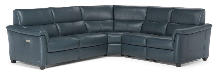 Blue leather sectional sofa with a corner piece.