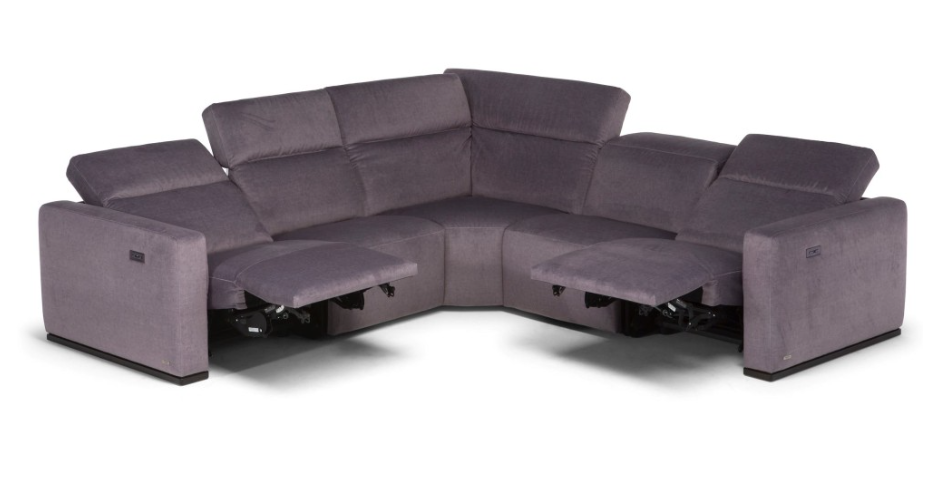 A sectional sofa with gray upholstery. Recliners are partially extended.
