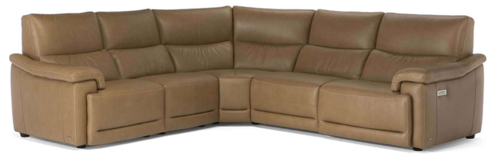 Tan leather curved sectional sofa with multiple reclining seats.