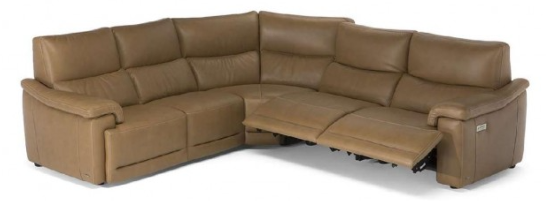 Tan leather curved sectional sofa with multiple reclining seats.