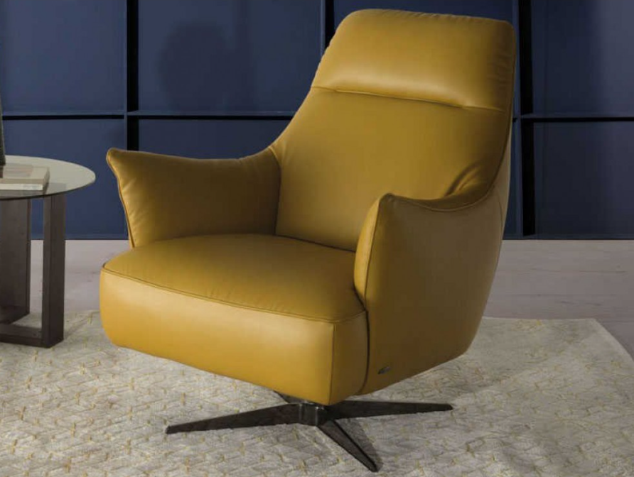 Gray swivel armchair with curved back and arms, on a metal base.