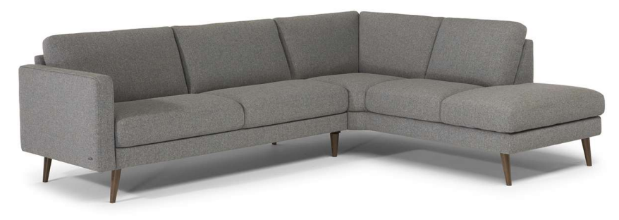 Gray sectional sofa with wooden legs, on a white background.