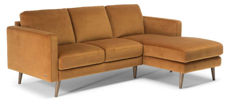 Gray sectional sofa with wooden legs, on a white background.