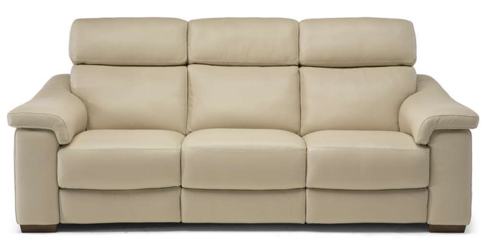 Beige leather reclining sofa with three seats; two recliners extended.