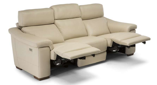Beige leather reclining sofa with three seats; two recliners extended.