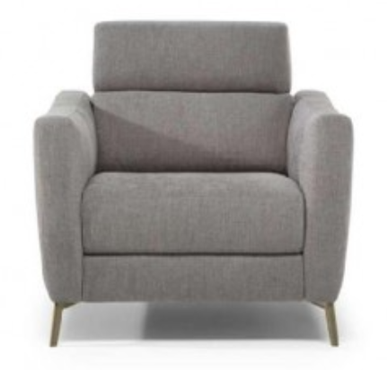 Gray upholstered armchair with high back and slim metal legs.
