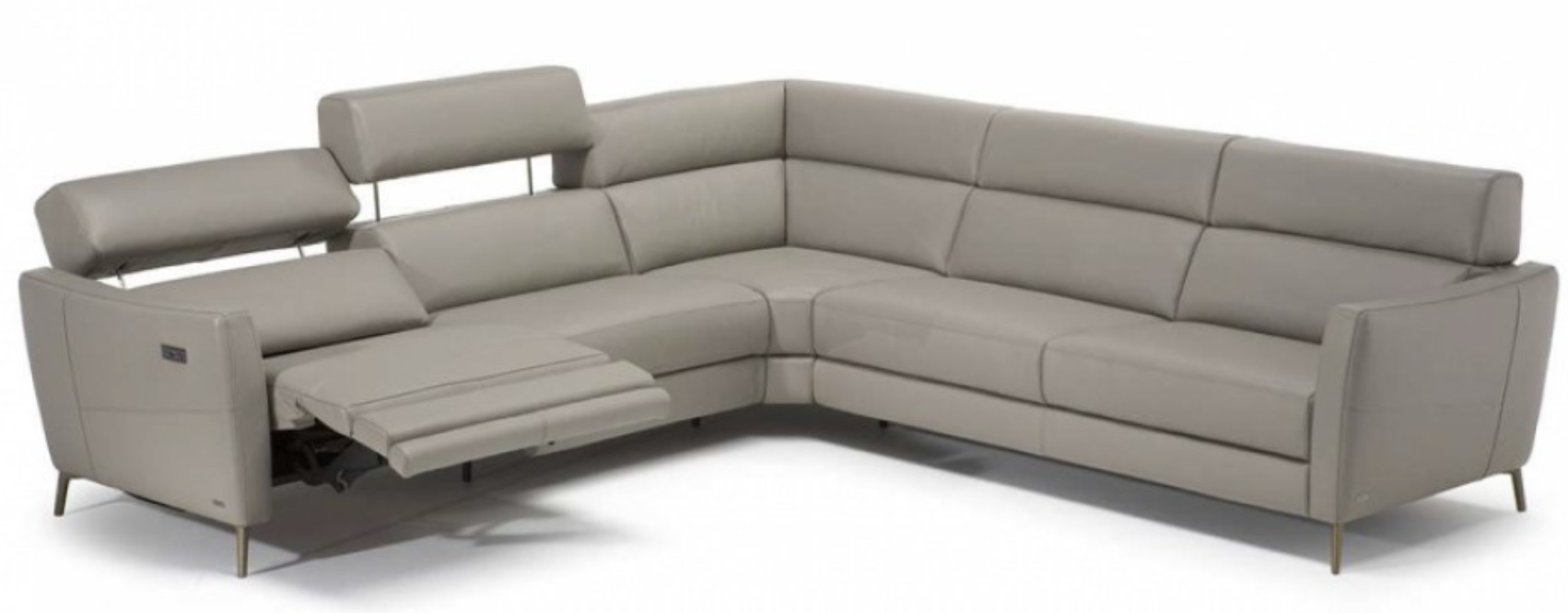 Gray leather sectional sofa with reclining feature.