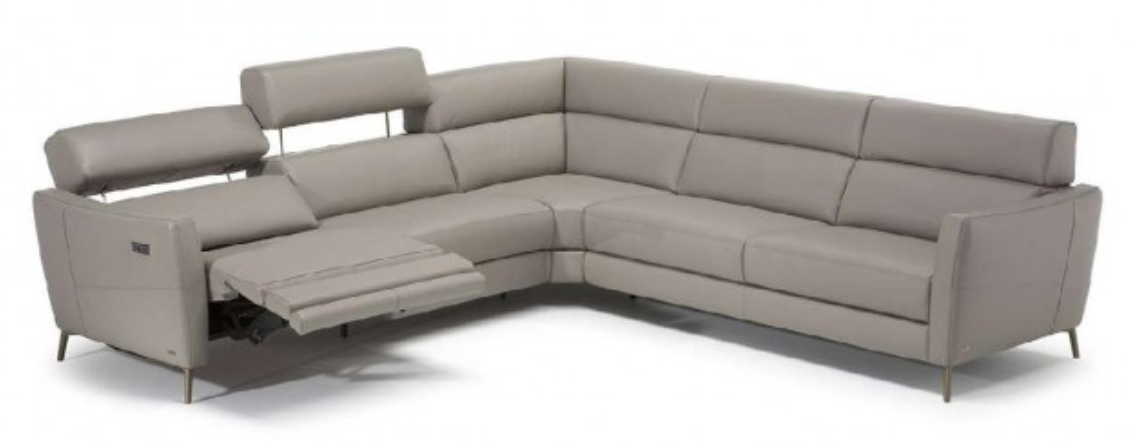Gray leather sectional sofa with reclining feature.