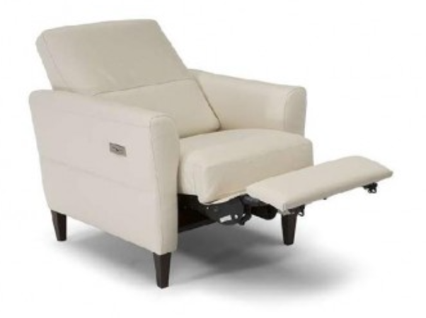 Gray leather recliner chair with dark wooden legs.