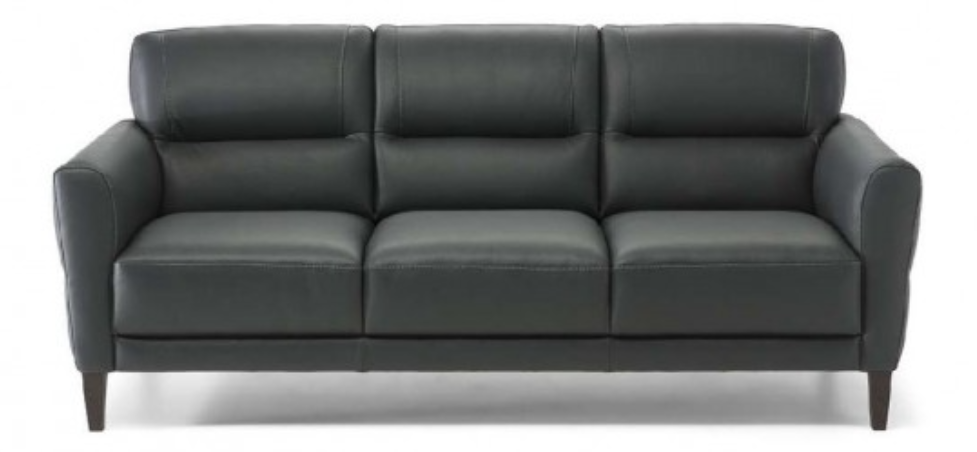 Dark gray leather sofa with three cushions and wooden legs.