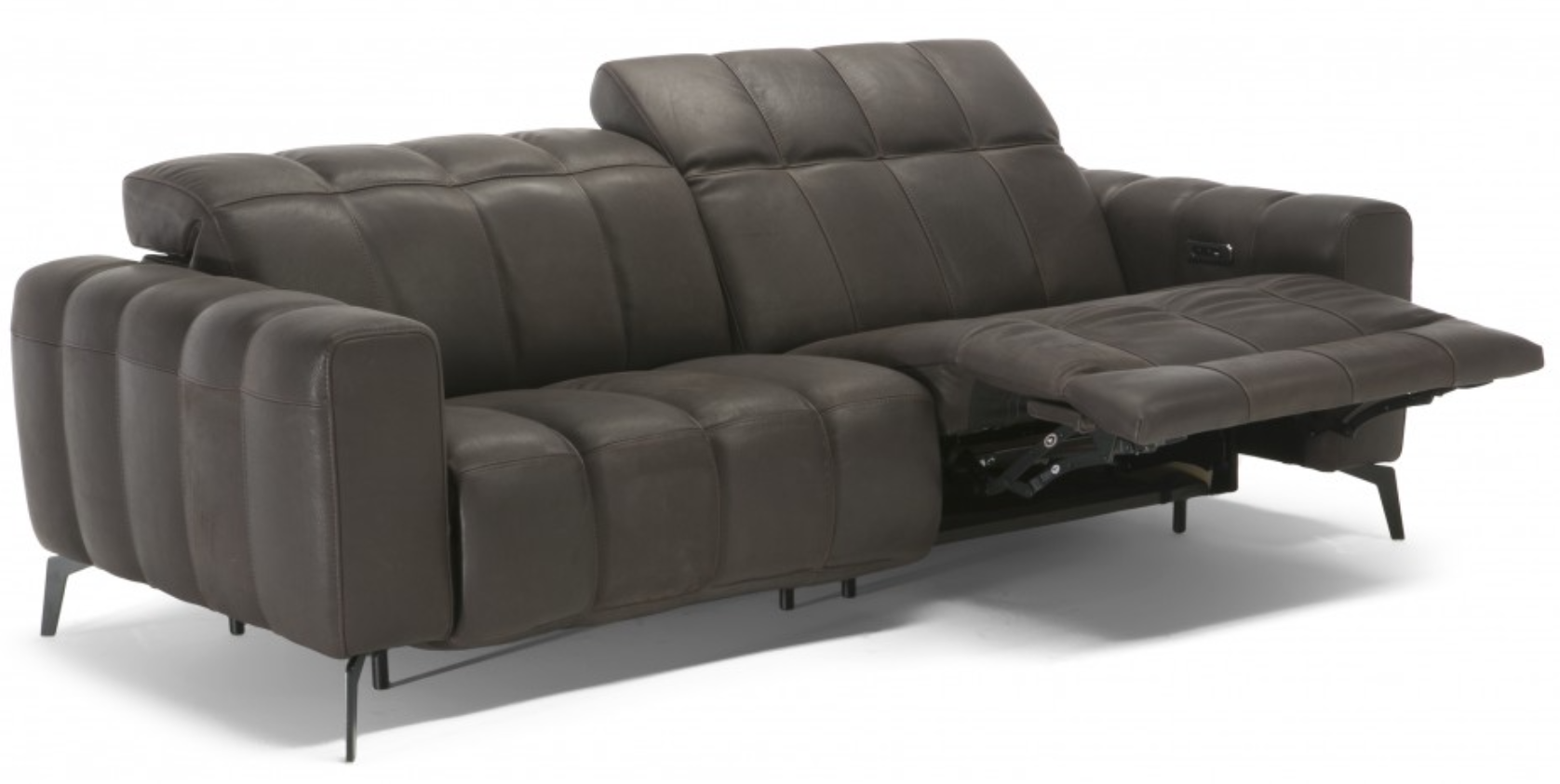 Dark gray leather sofa with tufted cushions, on black metal legs.