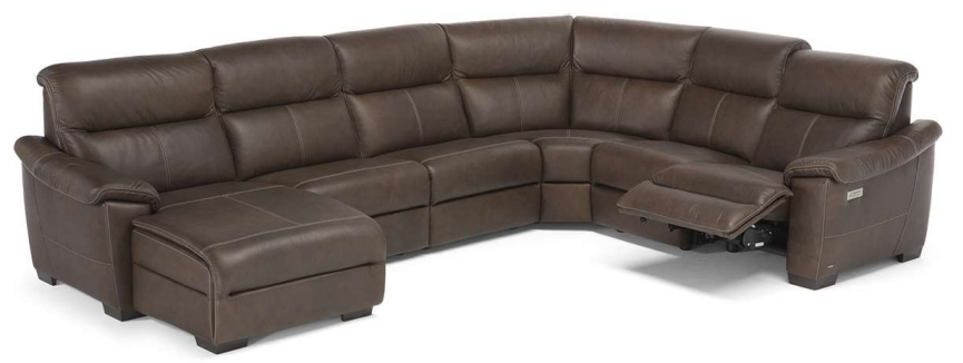Brown leather sectional sofa with a chaise and recliner.