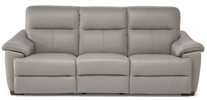 Gray leather reclining sofa with three seats and two footrests extended.