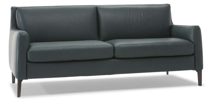 Gray three-seat sofa with dark wood legs on a white background.
